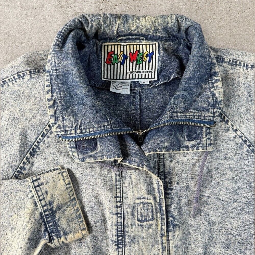 Vintage East West By Panda Group Denim Jacket Size Medium Acid Wash Full Zip 80s